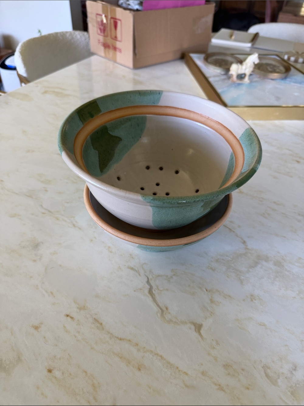 Handcrafted Ceramic Colander Bowl with Drip Tray - Green and Cream